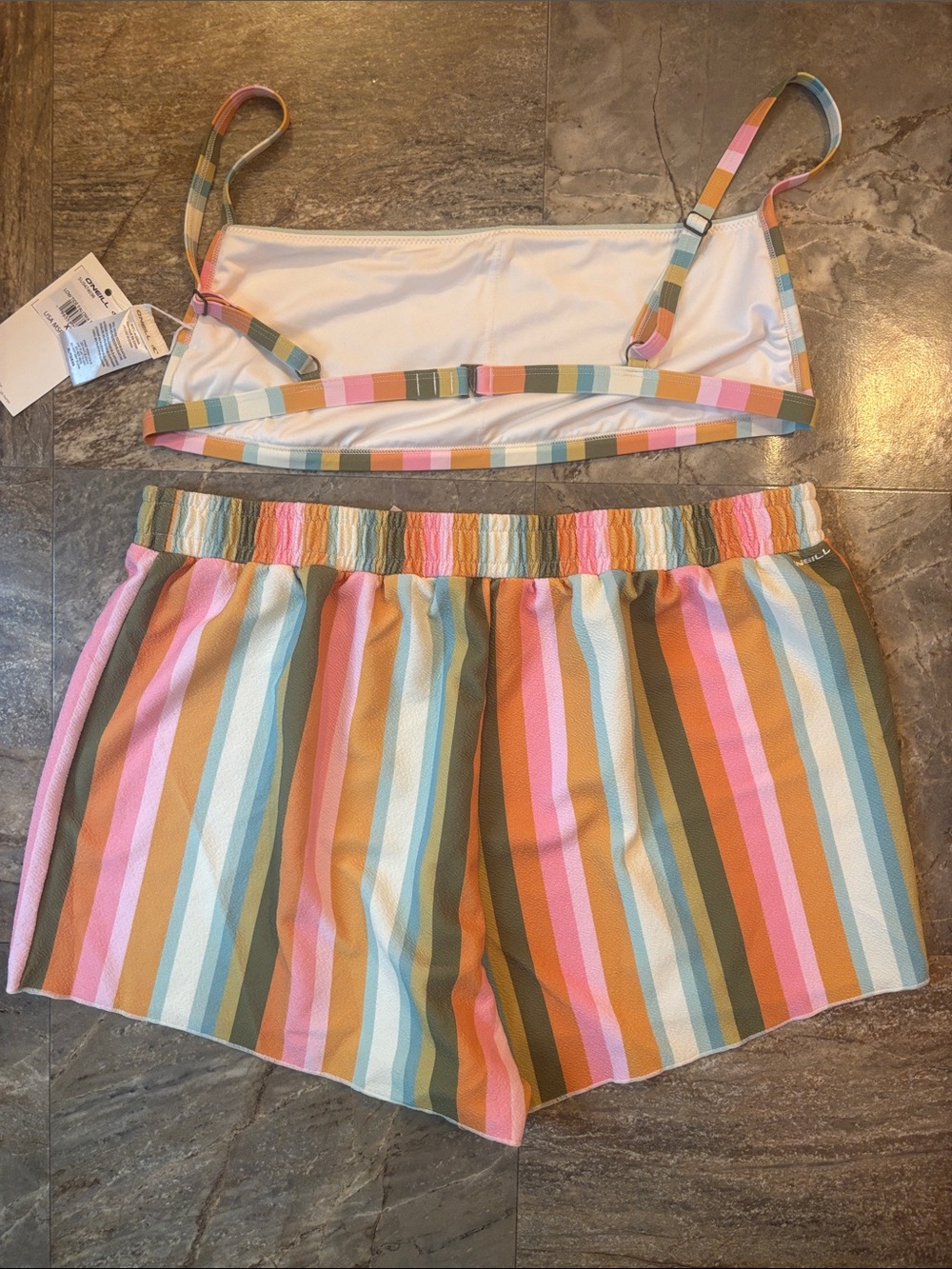 O'Neill Women's Multicolor Striped Swim Shorts/Top - Pink, Orange, Green & Blue - Picture 3 of 4